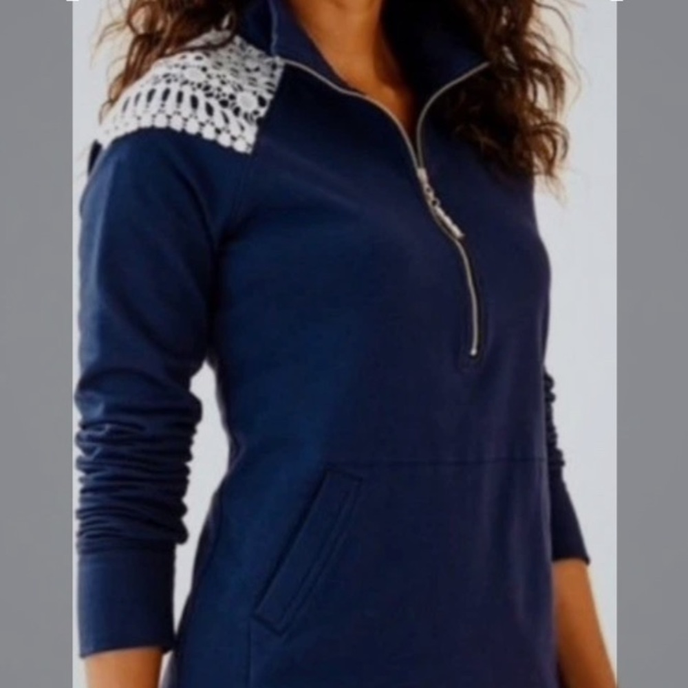Lilly Pulitzer Blue Navy Lace-Trimmed Skipper Popover Top UPF 50+ sz Small NEW